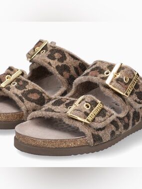 Mephisto Hester Winter Brown Leopard Wool Cork Sandals
